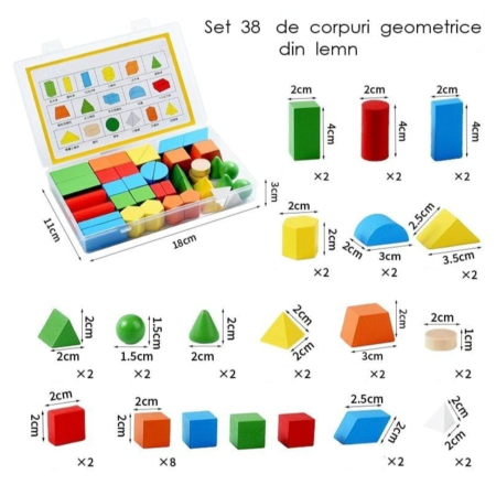 Jocuri si Jucarii - Set Montessori cu 38 Corpuri geometrice, din lemn