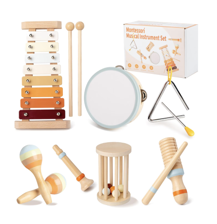 Jocuri si Jucarii - Set Montessori de 7 instrumente muzicale pentru copii, din lemn