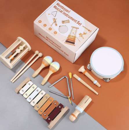 Jocuri si Jucarii - Set Montessori de 7 instrumente muzicale pentru copii, din lemn