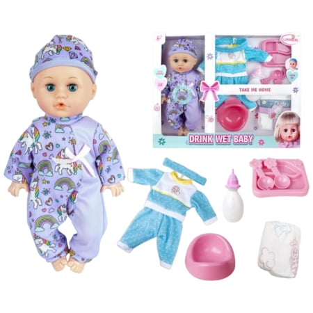 Jocuri si Jucarii - Set Papusa mov fara par, 33 cm, cu olita, haine de schimb si sunete in limba romana, +3 ani