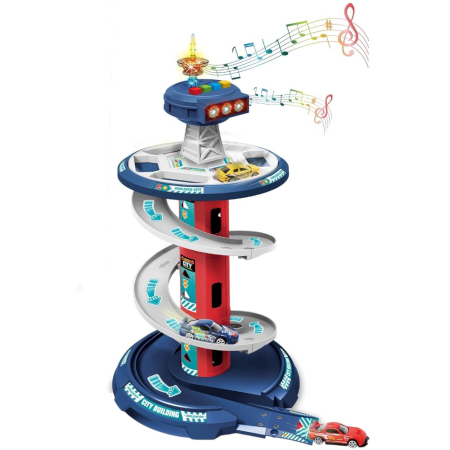 Jocuri si Jucarii - Garaj auto de politie cu pista circulara 3 nivele, sunete, covor si 3 masini, 3+
