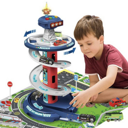 Jocuri si Jucarii - Garaj auto de politie cu pista circulara 3 nivele, sunete, covor si 3 masini, 3+
