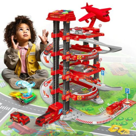 Set parcare pompieri de jucarie cu lift, lumini si covoras oras, 78 piese [2]