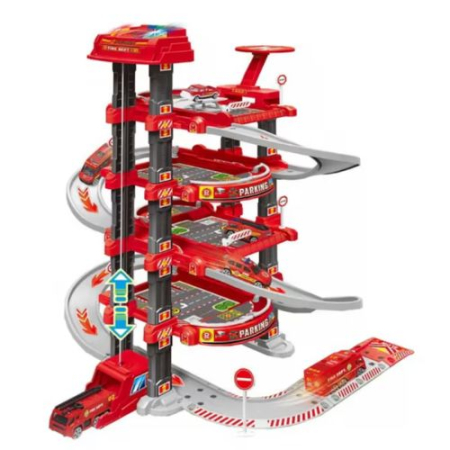 Jocuri si Jucarii - Set parcare pompieri de jucarie cu lift, lumini si covoras oras, 78 piese
