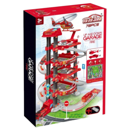 Jocuri si Jucarii - Set parcare pompieri de jucarie cu lift, lumini si covoras oras, 78 piese