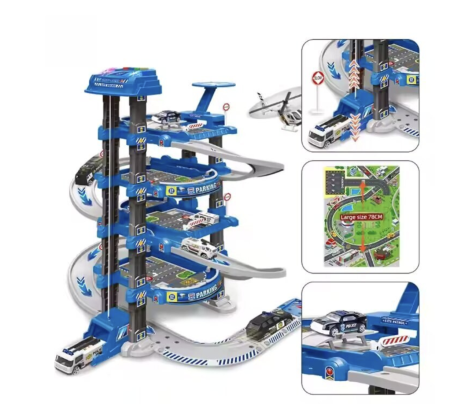 Set parcare politie de jucarie cu lift, lumini si covoras oras, 82 piese [6]