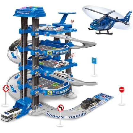 Jocuri si Jucarii - Set parcare politie de jucarie cu lift, lumini si covoras oras, 82 piese