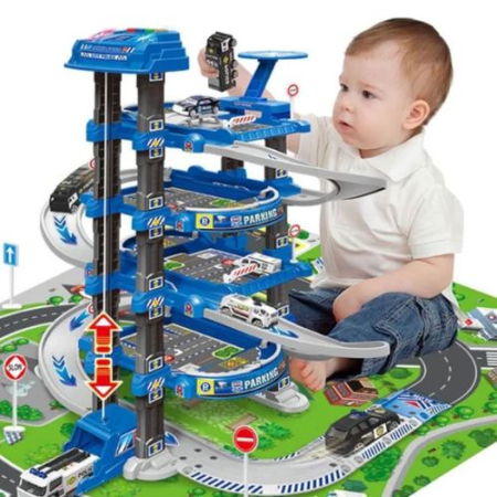 Jocuri si Jucarii - Set parcare politie de jucarie cu lift, lumini si covoras oras, 82 piese