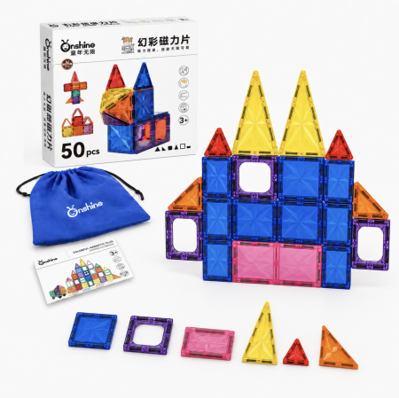 Jocuri si Jucarii - Set placi magnetice de constructie translucide in culori vii, 50 piese, 3 ani+