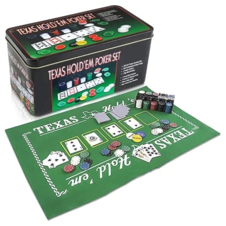 Jocuri si Jucarii - Set Poker Texas Holdem 200 jetoane, 2 pachete carti, covoras, cutie metal