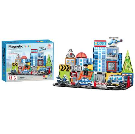 Jocuri si Jucarii - Set STEM Magnetic Tiles Police Station cu 53 piese magnetice pentru constructii