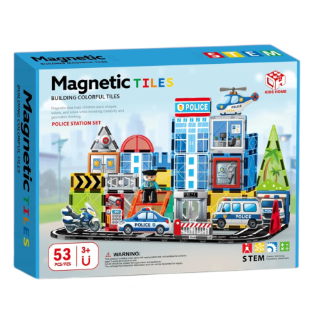 Jocuri si Jucarii - Set STEM Magnetic Tiles Police Station cu 53 piese magnetice pentru constructii
