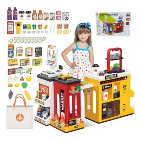 Negustor - Case de marcat, Supermarket - Set Supermarket cu 65 accesorii, stand cu scaner si casa de marcat