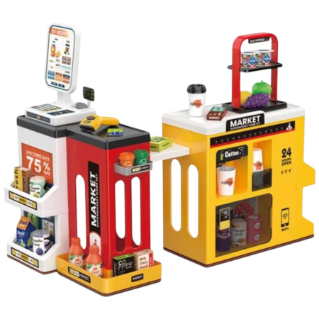 Negustor - Case de marcat, Supermarket - Set Supermarket cu 65 accesorii, stand cu scaner si casa de marcat