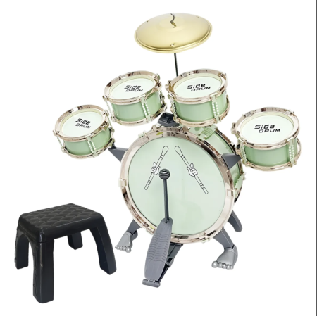 Jocuri si Jucarii - Set 5 Tobe Verde Pentru Copii Jazz Drum Cu Cinel Scaun Si Pedala Plastic ABS 3 Ani
