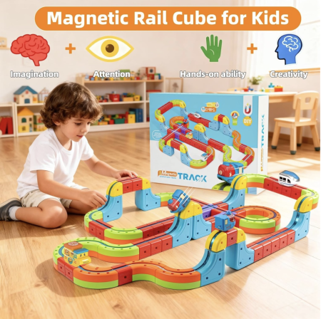 Jocuri si Jucarii - Set tren cu circuit magnetic 3D, traseu modular de construit, 98 piese, 3-8 ani