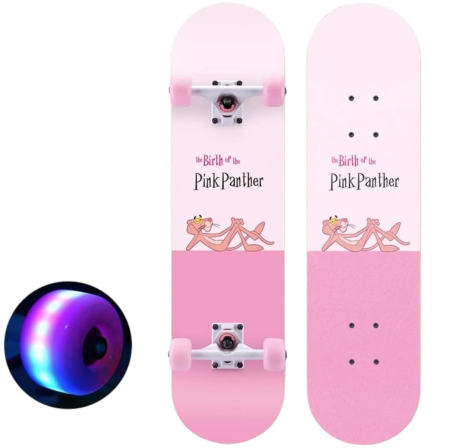 La plimbare - Skateboard pentru Copii, din Lemn, roti lcu lumini, 80 cm - Pink Panther