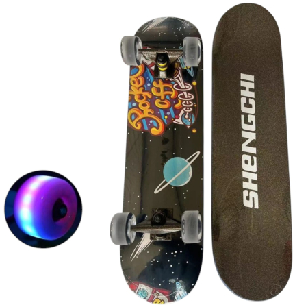 La plimbare - Skateboard pentru Copii, din Lemn, cu roti luminoase, 80 cm - Rocket Off Negru