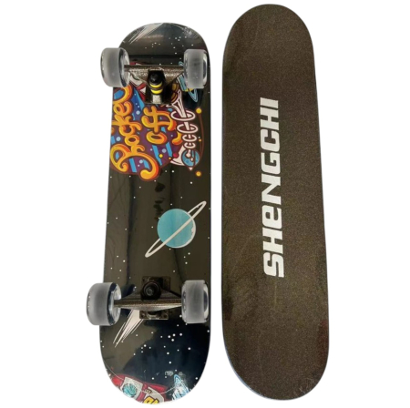 La plimbare - Skateboard pentru Copii, din Lemn, cu roti luminoase, 80 cm - Rocket Off Negru