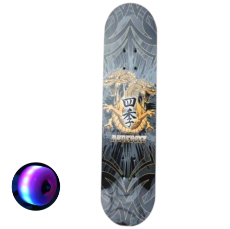 La plimbare - Skateboard pentru Copii, din Lemn, roti cu lumini, 72 cm - Rudeboyz Dragon Gri