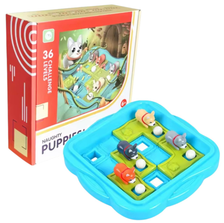 Jocuri si Jucarii - Joc logic Puppies tip slide puzzle cu catei si bile, 36 provocari, 6 ani+