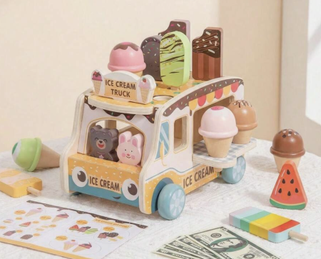 Jocuri si Jucarii - Stand mobil din lemn Ice Cream Shop cu inghetata stivuibila si accesorii, +3 ani