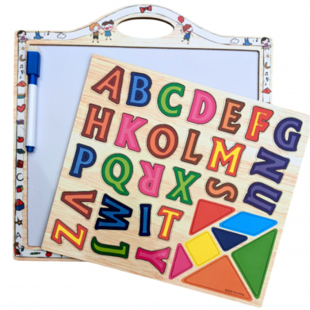 Jocuri si Jucarii - Tabla de scris cu litere si tangram, magnetice, din lemn