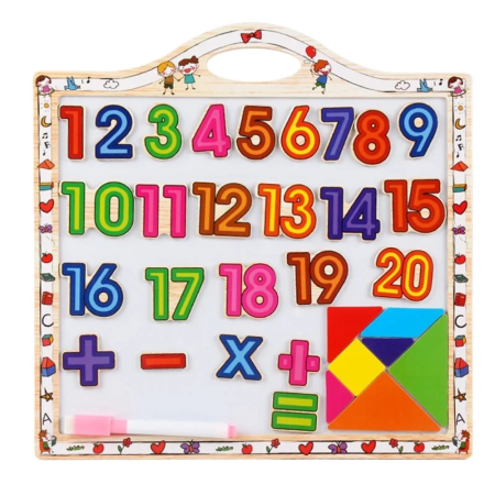 Jocuri si Jucarii - Tabla de scris cu numere si tangram, magnetice, din lemn