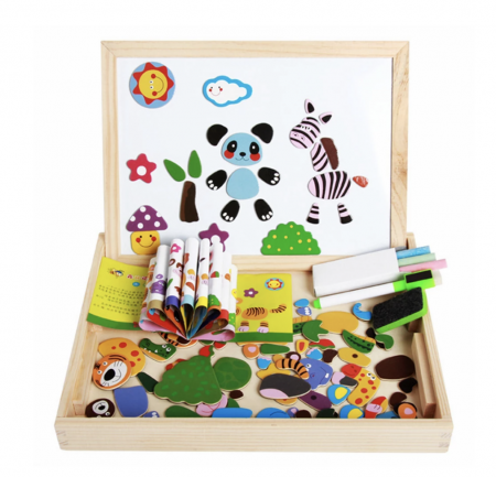 Table de scris pentru copii - Tabla Montessori 3 In 1 Animalele Salbatice, din lemn