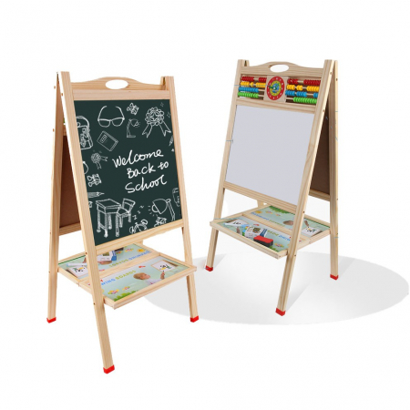 Jocuri si Jucarii - Tabla Sevalet, Cu Doua Fete, cu abac si ceas, 70 cm, din lemn