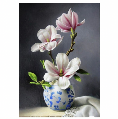Tablouri pictura pe numere - Tablou PM601 Picteaza dupa numere, Vaza cu magnolii, 20 x 30 cm