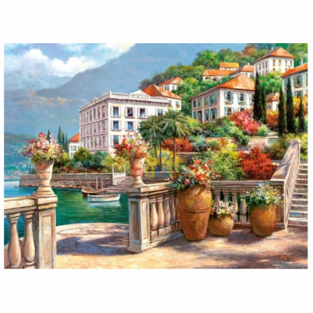 Tablouri cu diamante - Tablou B23-31498 Goblen Diamante rotunde, 50 x 40 cm, Curte pe Lacul Como