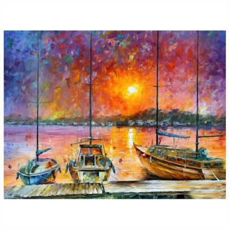 Tablouri cu diamante - Tablou B22-31488 Goblen Diamante rotunde, 50 x 40 cm, Barci in port la apus de soare