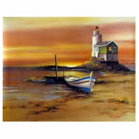 Tablouri DIY - Tablou B25-31512 Goblen Diamante rotunde, 50 x 40 cm, Farul si Barca la apus de soare