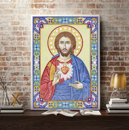 Tablouri DIY - Tablou cu Diamante R8086 Inima lui Iisus, cu Umplere partiala, cu rama, 30x40 cm