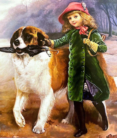 Tablouri DIY - Tablou GM10016, Fetita cu Saint Bernard, cu rama de lemn, Pictura cu Diamante, Goblen cu pietre 5D, 40 x 50 cm