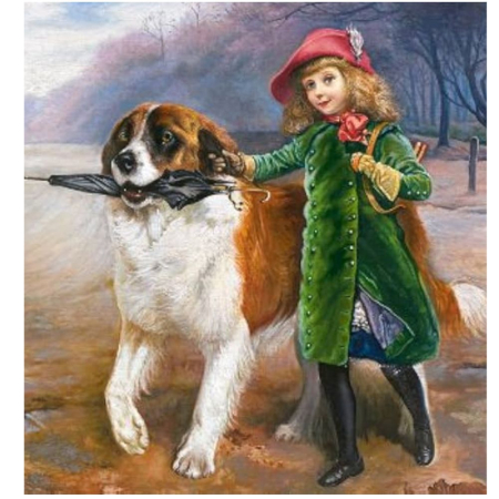 Tablouri DIY - Tablou GM10016, Fetita cu Saint Bernard, cu rama de lemn, Pictura cu Diamante, Goblen cu pietre 5D, 40 x 50 cm