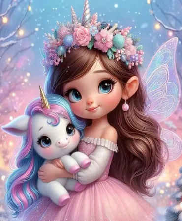 Tablouri DIY - Tablou gm10020, Fetita cu unicorn, Goblen Diamante Patrate, cu rama, 20 x 30 cm