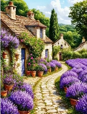 Tablouri cu diamante - Tablou GM10030, Peisaj rural cu lavanda, cu rama de lemn, Pictura cu Diamante, Goblen cu pietre 5D, 40 x 50 cm