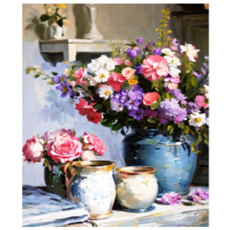 Tablou GM10046 Vaze cu flori, cu rama de lemn, Pictura cu Diamante, Goblen cu pietre 5D, 40 x 50 cm [0]