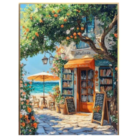 Tablou GM10048 Magazin pe malul marii, cu rama de lemn, Pictura cu Diamante, Goblen cu pietre 5D, 40 x 50 cm [0]