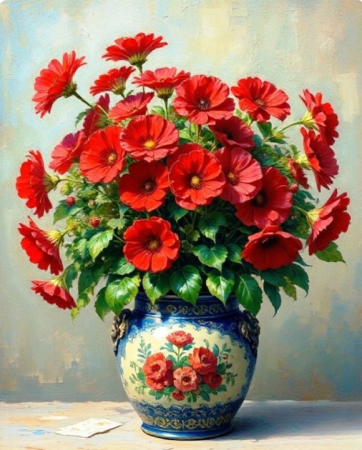 Tablouri cu diamante - Tablou GM1016 Goblen Diamante Patrate, cu rama, 50 x 40 cm, Vaza cu Flori Gerbera rosii