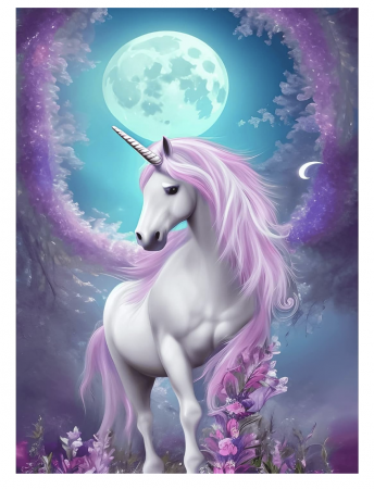 Tablouri DIY - Tablou GM524 Unicorn sub clar de luna, Pictura cu Diamante, Goblen cu pietre 5D, cu rama de lemn, 40 x 50 cm