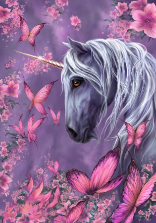 Tablouri DIY - Tablou GM141 Unicorn printre fluturi, Pictura cu Diamante, Goblen cu pietre 5D, cu rama de lemn, 40 x 50 cm
