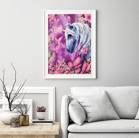 Tablouri DIY - Tablou GM141 Unicorn printre fluturi, Pictura cu Diamante, Goblen cu pietre 5D, cu rama de lemn, 40 x 50 cm