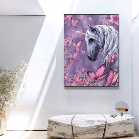 Tablou GM141 Unicorn printre fluturi, Pictura cu Diamante, Goblen cu pietre 5D, cu rama de lemn, 40 x 50 cm [2]