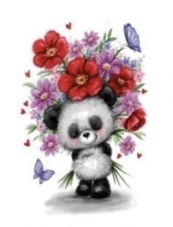 Tablouri DIY - Tablou GM215, Panda cu flori, cu rama de lemn, Pictura cu Diamante, Goblen cu pietre 5D, 20 x 30 cm