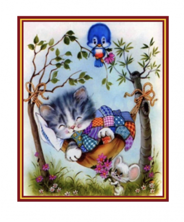 Tablouri DIY - Tablou GM219, Pisicuta somnoroasa, cu rama de lemn, Pictura cu Diamante, Goblen cu pietre 5D, 20 x 30 cm