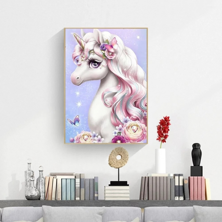 Tablou GM301, Pretty Unicorn, cu rama de lemn, Pictura cu Diamante, Goblen cu pietre 5D, 20 x 30 cm [1]