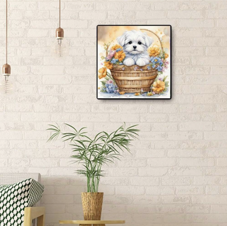 Tablou GM524m Goblen Diamante Patrate, cu rama, 20 x 30 cm, Catel alb si flori in cos de nuiele [2]